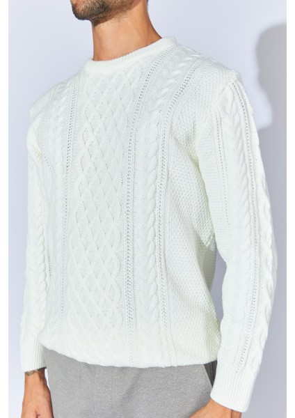 Erkek Ekru Bisiklet Yaka Saç Örgü Triko indirimleri
