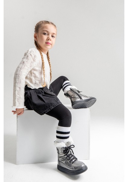 Kız Çocuk Platin Simli Rugan Deri Suya Dayanıklı Günlük Bot