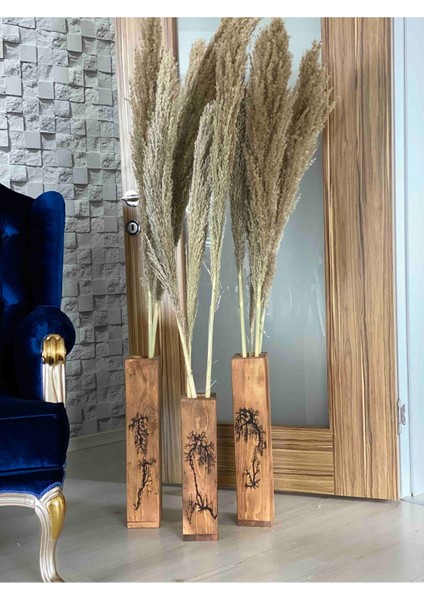 Desenli Masif Ahşap Dekorotif Çiçeklik 3 Lü Uzun Vazo