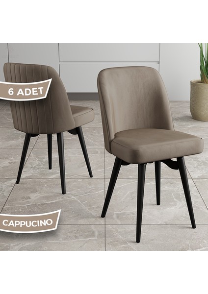 Jiva Serisi 6 Adet Cappucino Sandalye 360°C Döner Mutfak Sandalyesi Siyah Metal Ayaklı