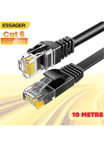 10 Metre 1000MBPS Cat6 Ethernet Kablosu Premium RJ45 Konnektör Altın Kaplama Uçlu Internet Kablosu