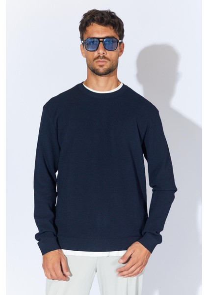 Erkek Lacivert Bisiklet Yaka Pike Örgü Basic Triko