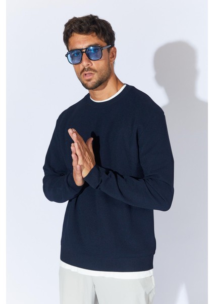 Erkek Lacivert Bisiklet Yaka Pike Örgü Basic Triko modelleri