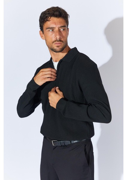 Erkek Siyah Ayaklı Yaka Fermuarlı Pike Örgü Basic Triko fiyatları