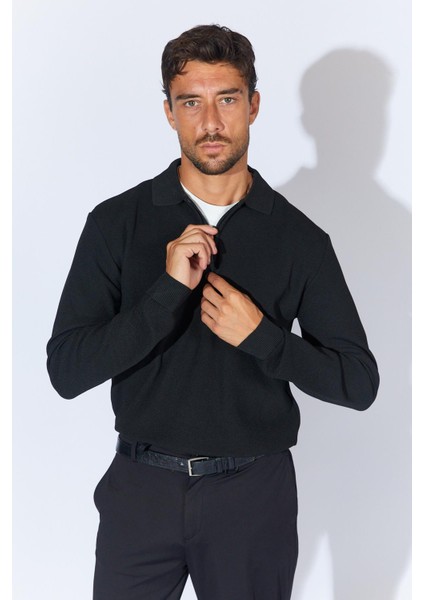 Erkek Siyah Ayaklı Yaka Fermuarlı Pike Örgü Basic Triko modelleri