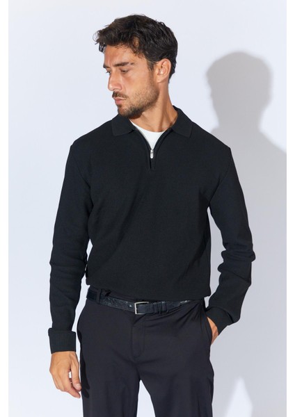 Erkek Siyah Ayaklı Yaka Fermuarlı Pike Örgü Basic Triko fırsatları