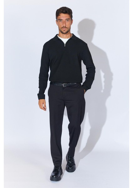 Erkek Siyah Ayaklı Yaka Fermuarlı Pike Örgü Basic Triko indirimleri