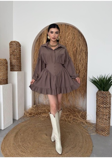 Gömlek Yaka ve Volanlı Mini Etek İkili Takım modelleri