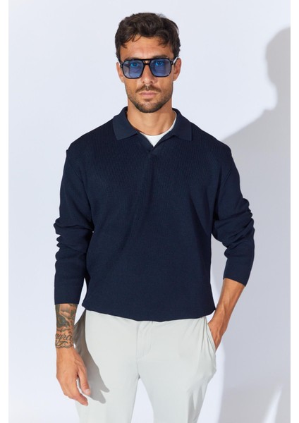 Erkek Lacivert Ayaklı V Yaka Fitilli Basic Triko