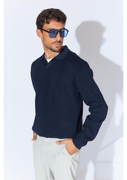 Erkek Lacivert Ayaklı V Yaka Fitilli Basic Triko modelleri