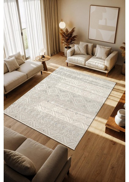Cotto Motto TT008A Krem Halı Modern Geometrik Desen Pamuk Taban Yıkanabilir Salon Mutfak Halısı