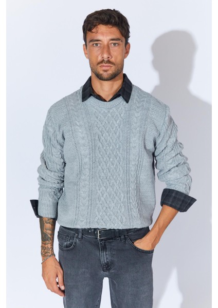 Erkek Gri Melanj Bisiklet Yaka Saç Örgü Triko