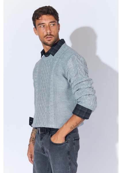 Erkek Gri Melanj Bisiklet Yaka Saç Örgü Triko fiyatları