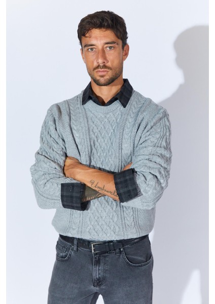 Erkek Gri Melanj Bisiklet Yaka Saç Örgü Triko modelleri