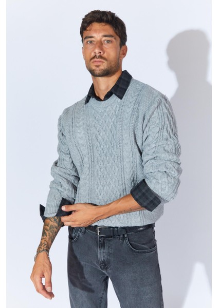 Erkek Gri Melanj Bisiklet Yaka Saç Örgü Triko fırsatları