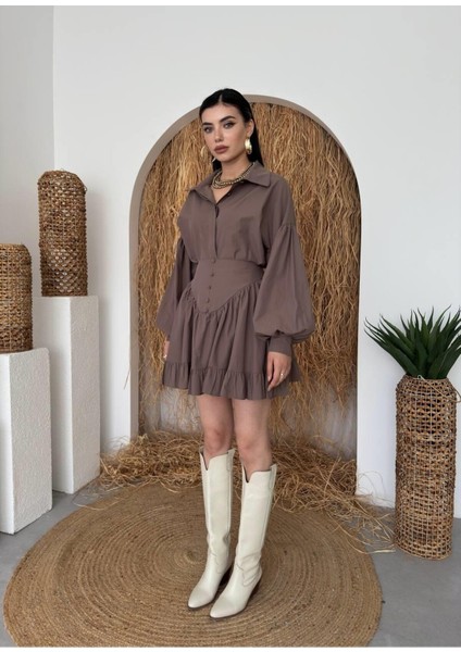 Gömlek Yaka ve Volanlı Mini Etek İkili Takım