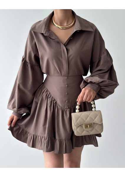 Gömlek Yaka ve Volanlı Mini Etek İkili Takım