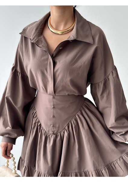 Gömlek Yaka ve Volanlı Mini Etek İkili Takım