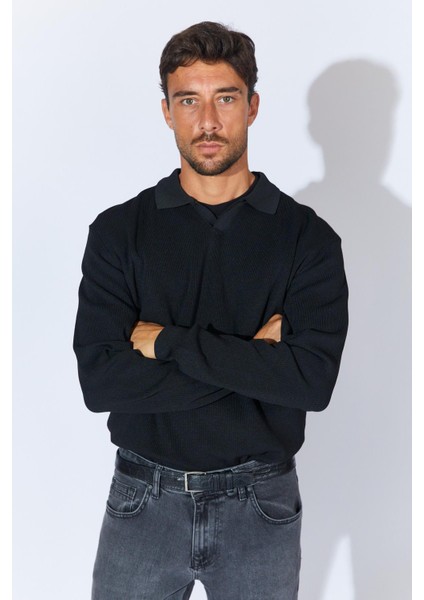 Erkek Siyah Ayaklı V Yaka Fitilli Basic Triko modelleri