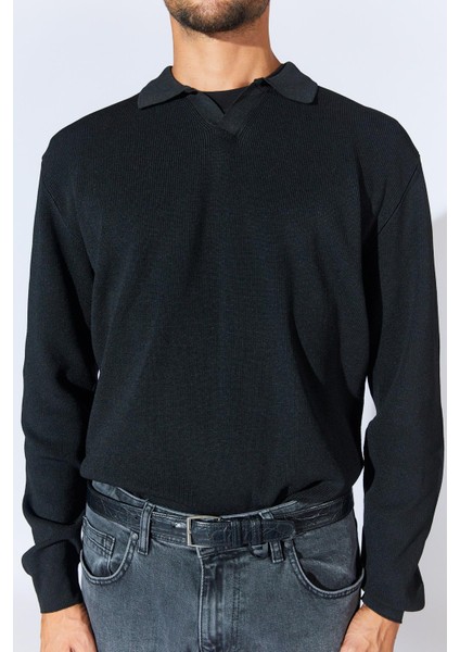 Erkek Siyah Ayaklı V Yaka Fitilli Basic Triko indirimleri