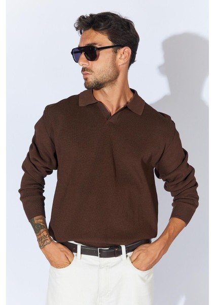 Erkek Kahve Ayaklı V Yaka Fitilli Basic Triko fiyatları