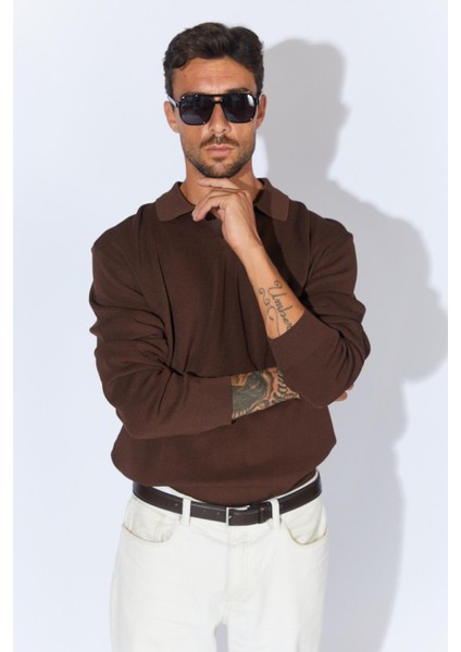 Erkek Kahve Ayaklı V Yaka Fitilli Basic Triko modelleri