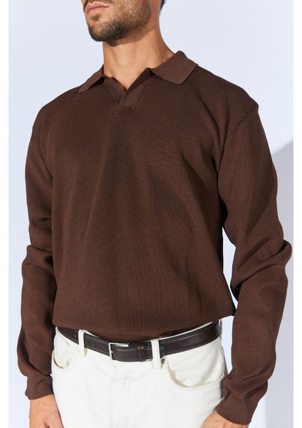 Erkek Kahve Ayaklı V Yaka Fitilli Basic Triko indirimleri