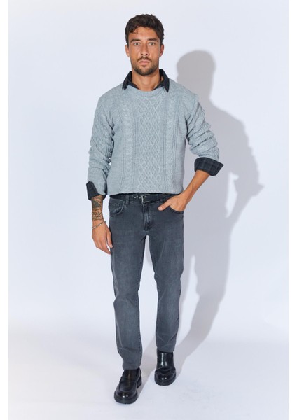 Erkek Gri Melanj Bisiklet Yaka Saç Örgü Triko indirimleri