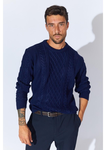 Erkek Lacivert Bisiklet Yaka Saç Örgü Triko