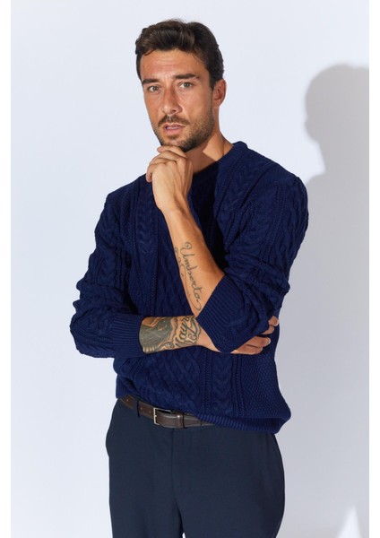 Erkek Lacivert Bisiklet Yaka Saç Örgü Triko fiyatları