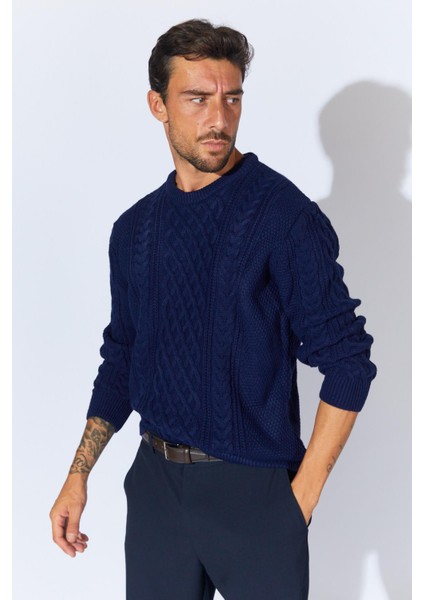Erkek Lacivert Bisiklet Yaka Saç Örgü Triko modelleri