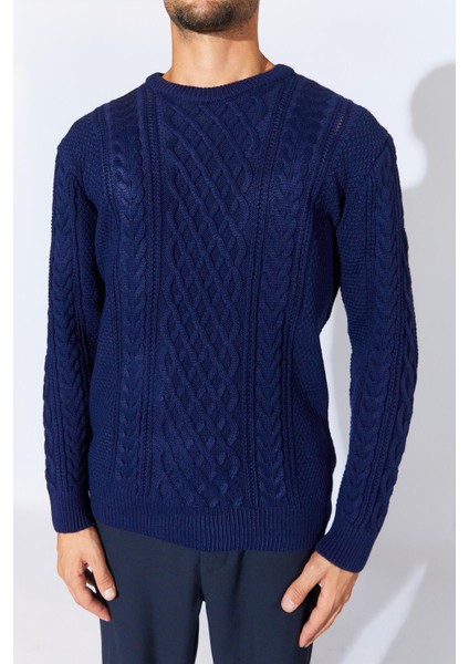 Erkek Lacivert Bisiklet Yaka Saç Örgü Triko fırsatları