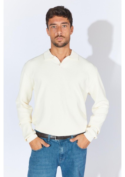 Erkek Ekru Ayaklı V Yaka Fitilli Basic Triko