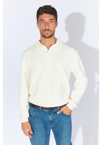 Erkek Ekru Ayaklı V Yaka Fitilli Basic Triko fiyatları