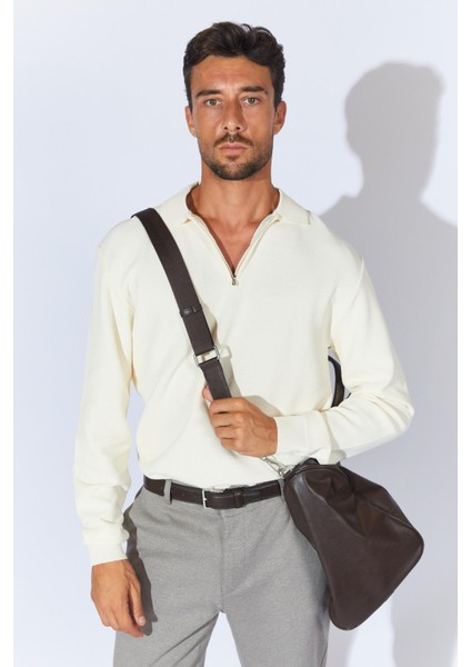 Erkek Ekru Ayaklı Yaka Fermuarlı Pike Örgü Basic Triko fiyatları