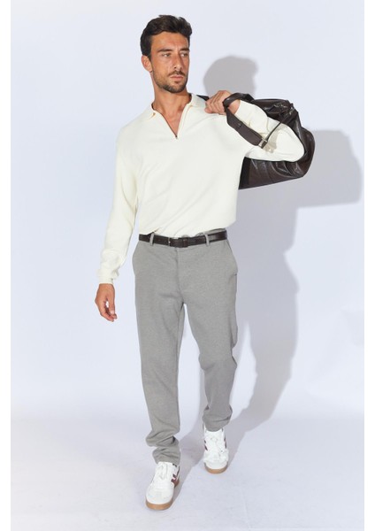 Erkek Ekru Ayaklı Yaka Fermuarlı Pike Örgü Basic Triko fırsatları