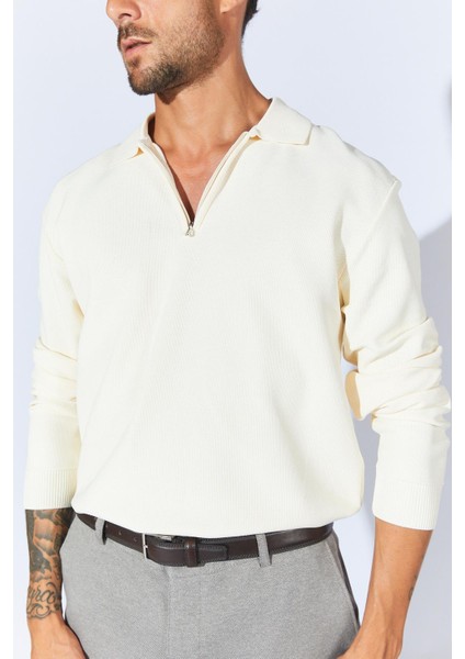 Erkek Ekru Ayaklı Yaka Fermuarlı Pike Örgü Basic Triko indirimleri