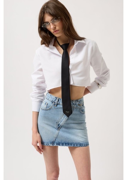 Asimetrik Kemer Denim Mini Etek