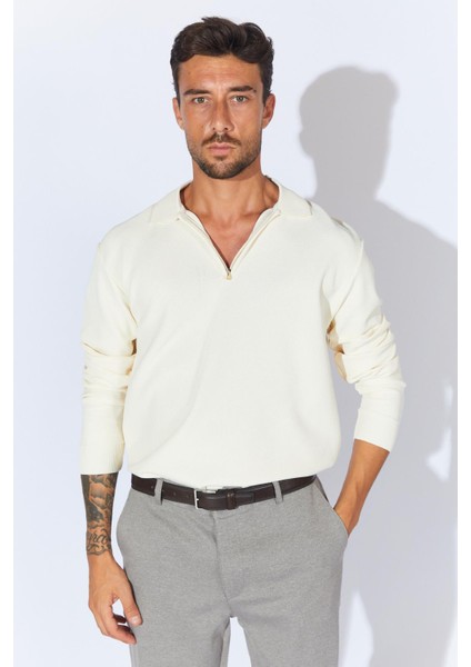 Erkek Ekru Ayaklı Yaka Fermuarlı Pike Örgü Basic Triko