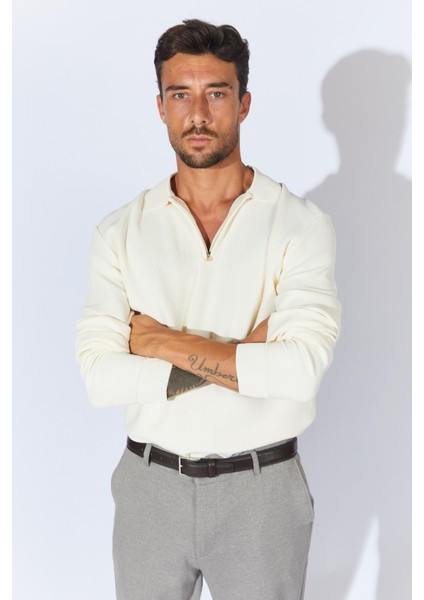 Erkek Ekru Ayaklı Yaka Fermuarlı Pike Örgü Basic Triko modelleri