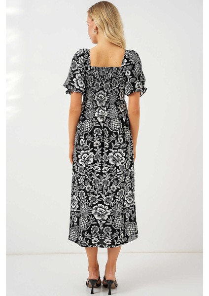 Kare Yaka Prenses Kol Önü Gipeli Yanları Yırtmaçlı Çiçek Desenli %100 Pamuk Midi Boy Viskon Elbise fiyatları