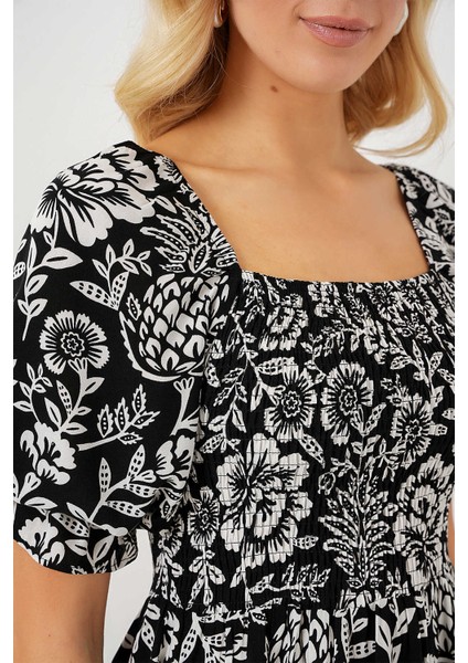 Kare Yaka Prenses Kol Önü Gipeli Yanları Yırtmaçlı Çiçek Desenli %100 Pamuk Midi Boy Viskon Elbise modelleri