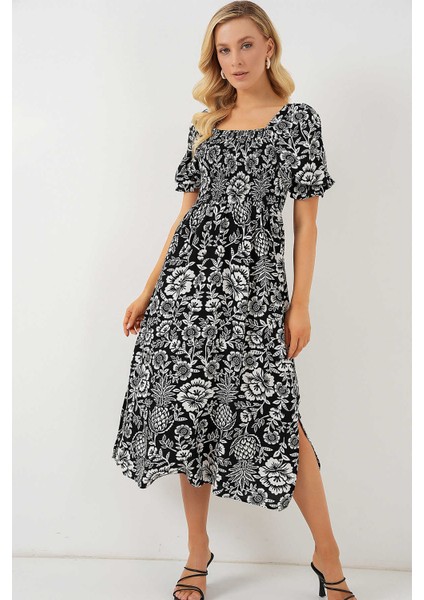 Kare Yaka Prenses Kol Önü Gipeli Yanları Yırtmaçlı Çiçek Desenli %100 Pamuk Midi Boy Viskon Elbise fırsatları