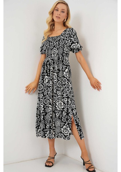 Kare Yaka Prenses Kol Önü Gipeli Yanları Yırtmaçlı Çiçek Desenli %100 Pamuk Midi Boy Viskon Elbise indirimleri