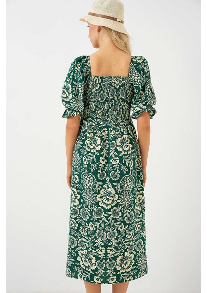 Kare Yaka Prenses Kol Önü Gipeli Yanları Yırtmaçlı Çiçek Desenli %100 Pamuk Midi Boy Viskon Elbise fiyatları