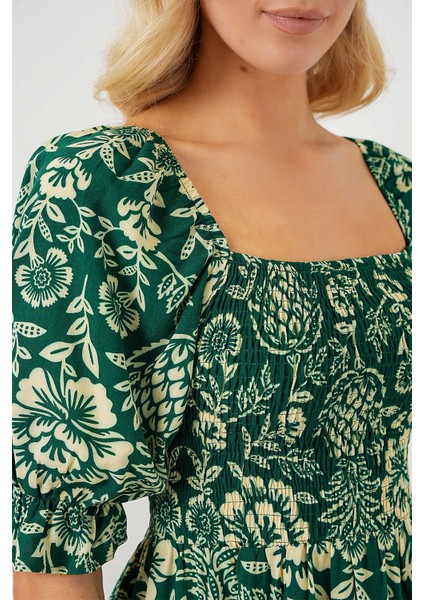 Kare Yaka Prenses Kol Önü Gipeli Yanları Yırtmaçlı Çiçek Desenli %100 Pamuk Midi Boy Viskon Elbise modelleri