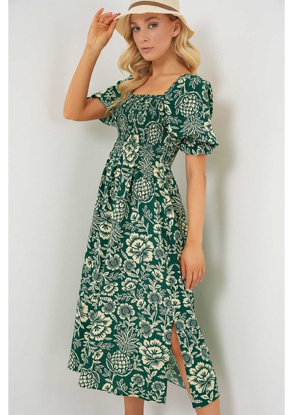 Kare Yaka Prenses Kol Önü Gipeli Yanları Yırtmaçlı Çiçek Desenli %100 Pamuk Midi Boy Viskon Elbise fırsatları