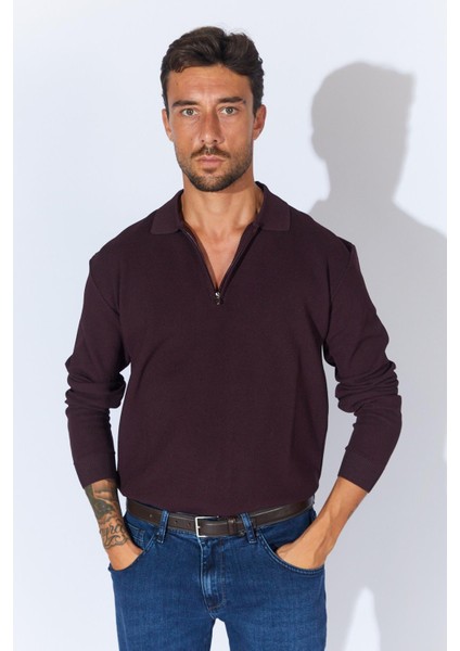 Erkek Bordo Ayaklı Yaka Fermuarlı Pike Örgü Basic Triko