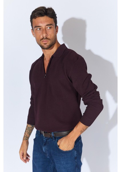 Erkek Bordo Ayaklı Yaka Fermuarlı Pike Örgü Basic Triko fiyatları