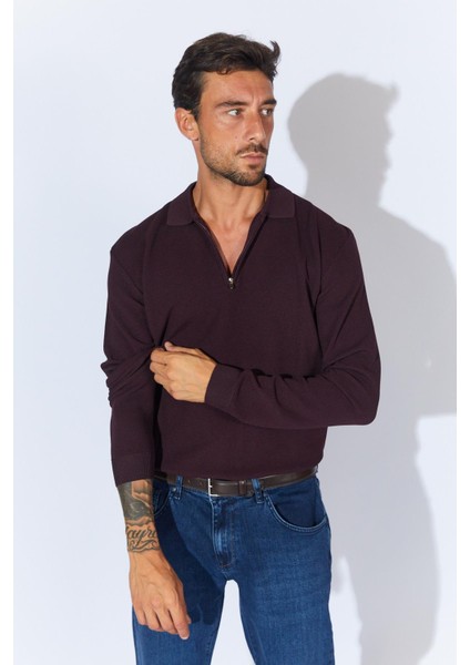 Erkek Bordo Ayaklı Yaka Fermuarlı Pike Örgü Basic Triko modelleri
